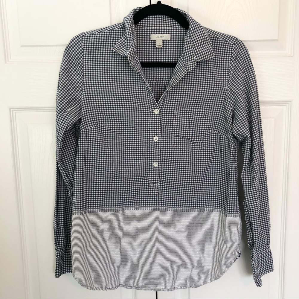 J Crew Navy Blue and White Checkered Button Up Blouse Size US 4